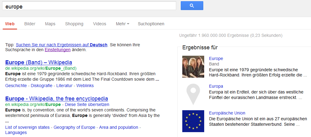 Google Knowledge Graph, Suchbegriff Europe