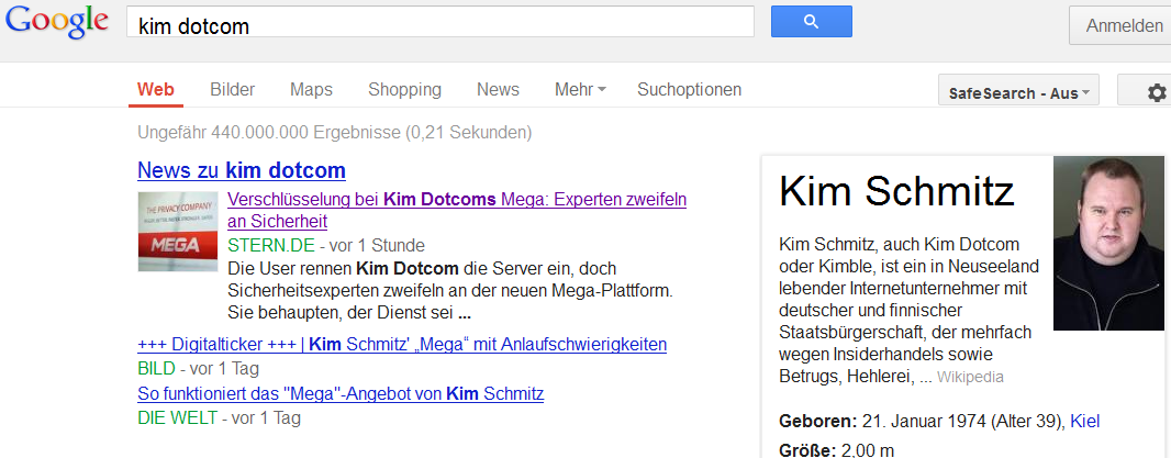 Google Suche nach Kim Dotcom