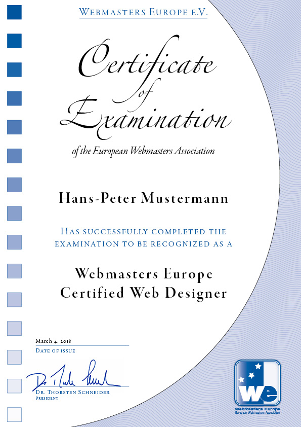 Webmasters Europe Muster-Zertifikat