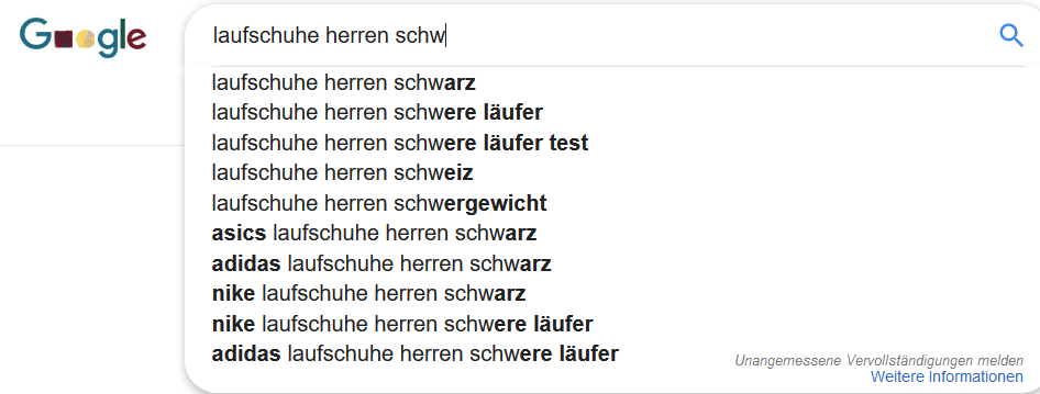 Google Suggest Beispiele zum Thema »Laufschuhe«
