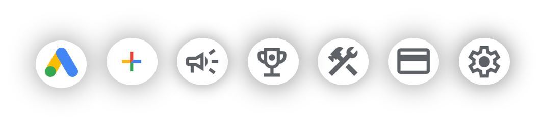 Die Icons im neuen Google-Ads-Interface ab 2024: Campaign, Tools, Goals, Billing, Admin, Create