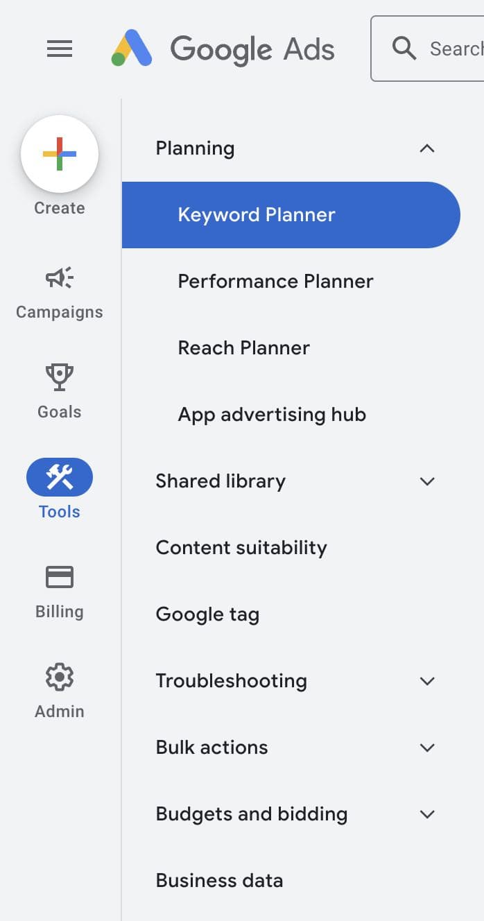 Die Icons im neuen Google-Ads-Interface ab 2024: Campaign, Tools, Goals, Billing, Admin, Create